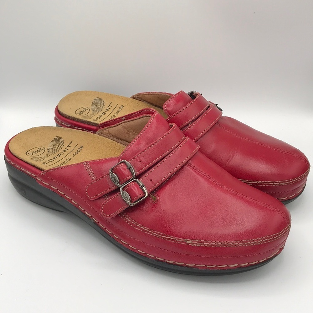 Scholl Bioprint removable insole red wedge mules, 40 (9)